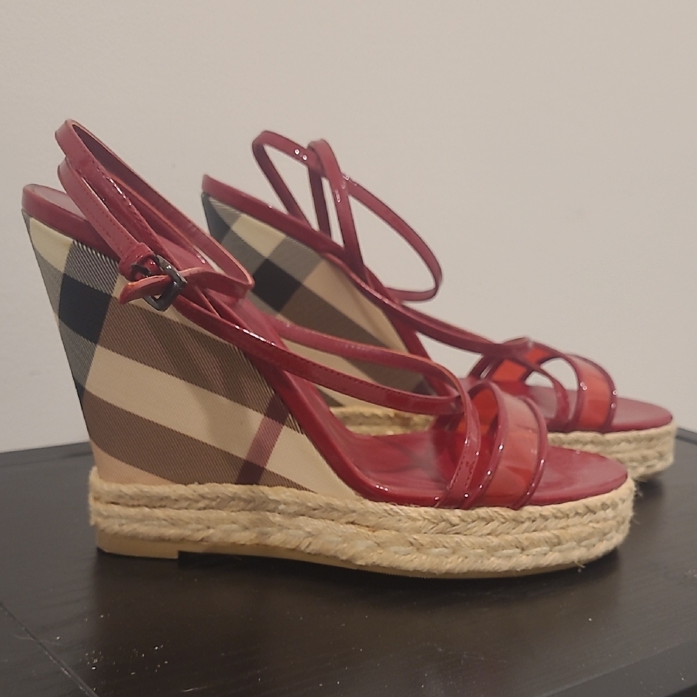 Burberry Red Plaid Wedge Sandals